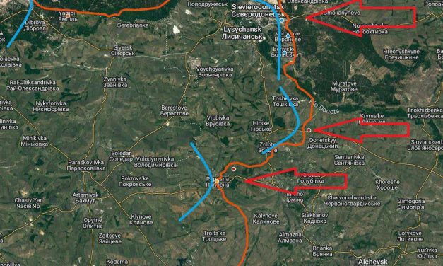 Mappa operazioni nelle aree di area di  Slavyansk, Severodonetsk e Lisichansk