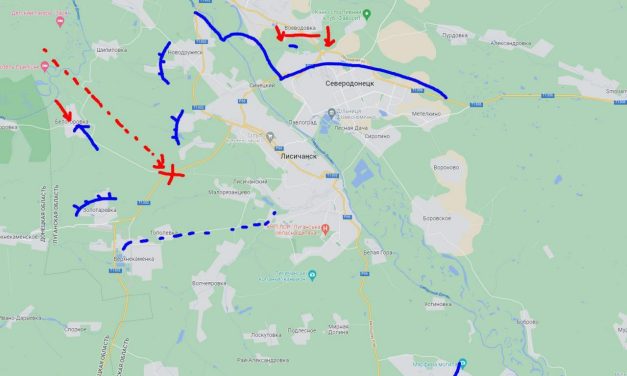 Mappa degli scontri a  Lisichansk e i bombardamenti sull’autostrada Soledar-Lysichansk